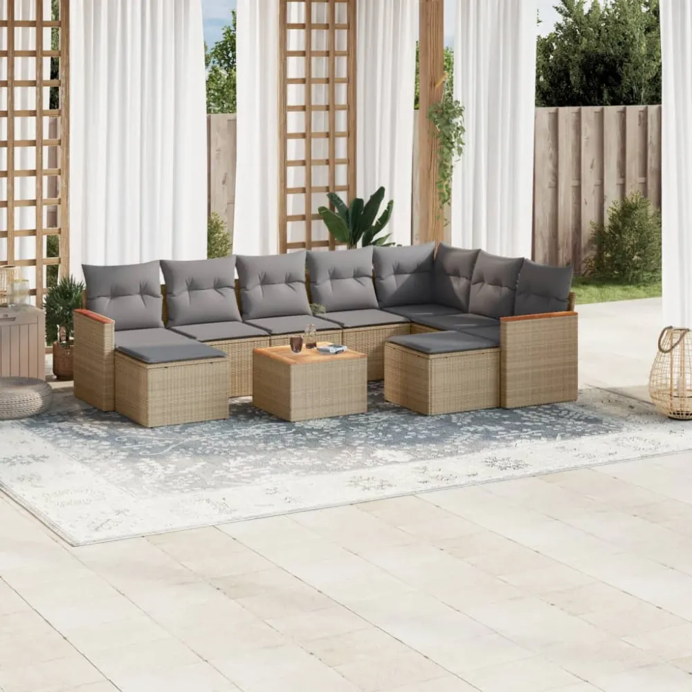 10-delige Loungeset met kussens poly rattan gemengd beige vidaXL
