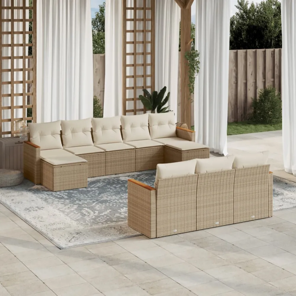 10-delige Loungeset met kussens poly rattan beige vidaXL