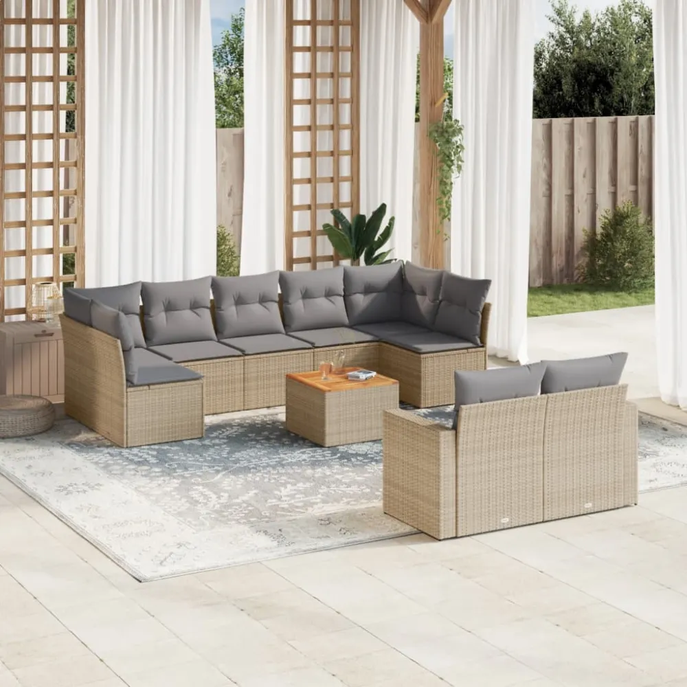 10-delige Loungeset met kussens poly rattan beige vidaXL