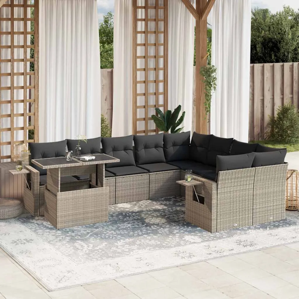 10-delige Loungeset met kussens poly rattan lichtgrijs vidaXL