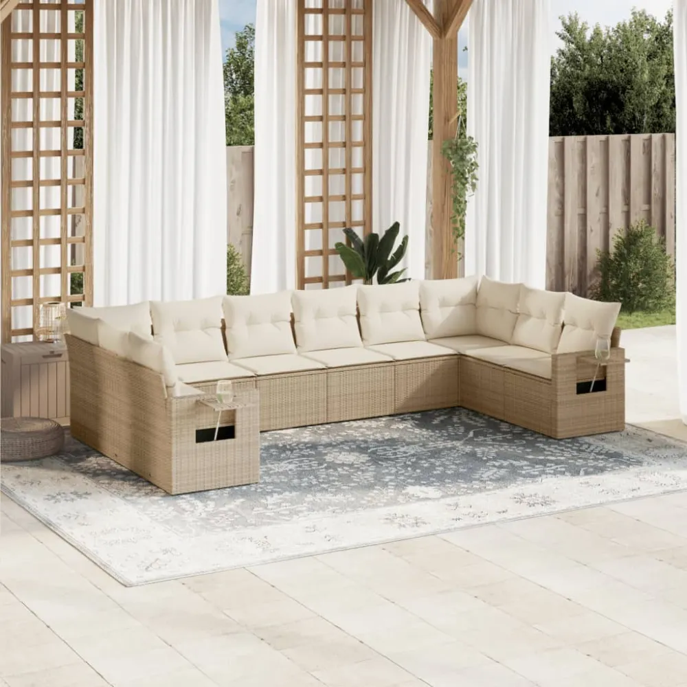 10-delige Loungeset met kussens poly rattan beige vidaXL