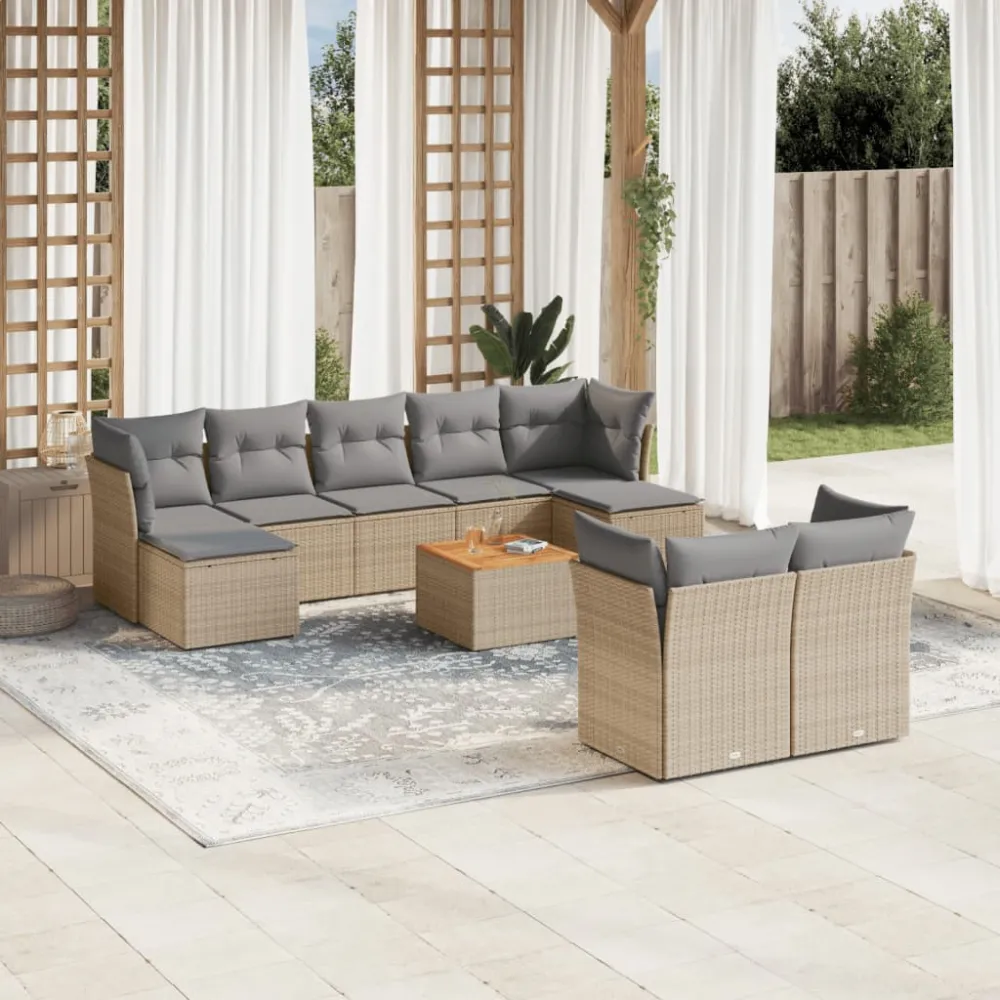 10-delige Loungeset met kussens poly rattan beige vidaXL