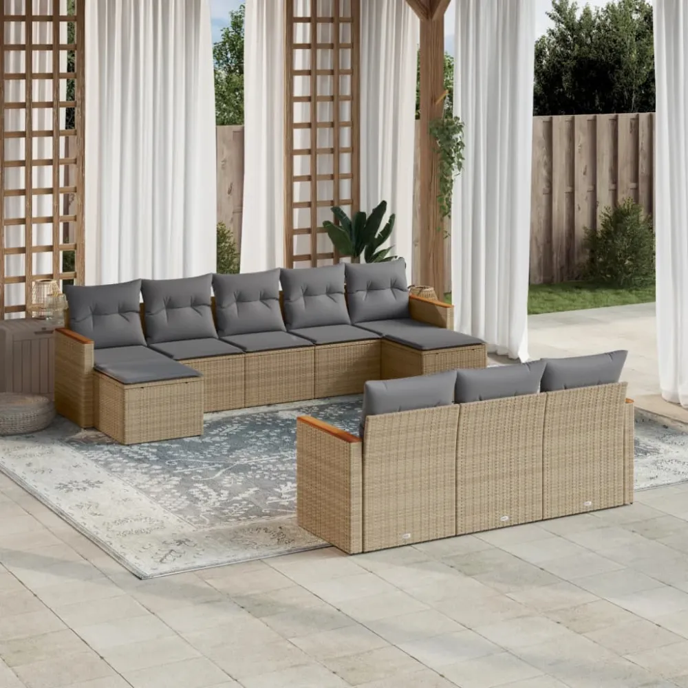 10-delige Loungeset met kussens poly rattan gemengd beige vidaXL