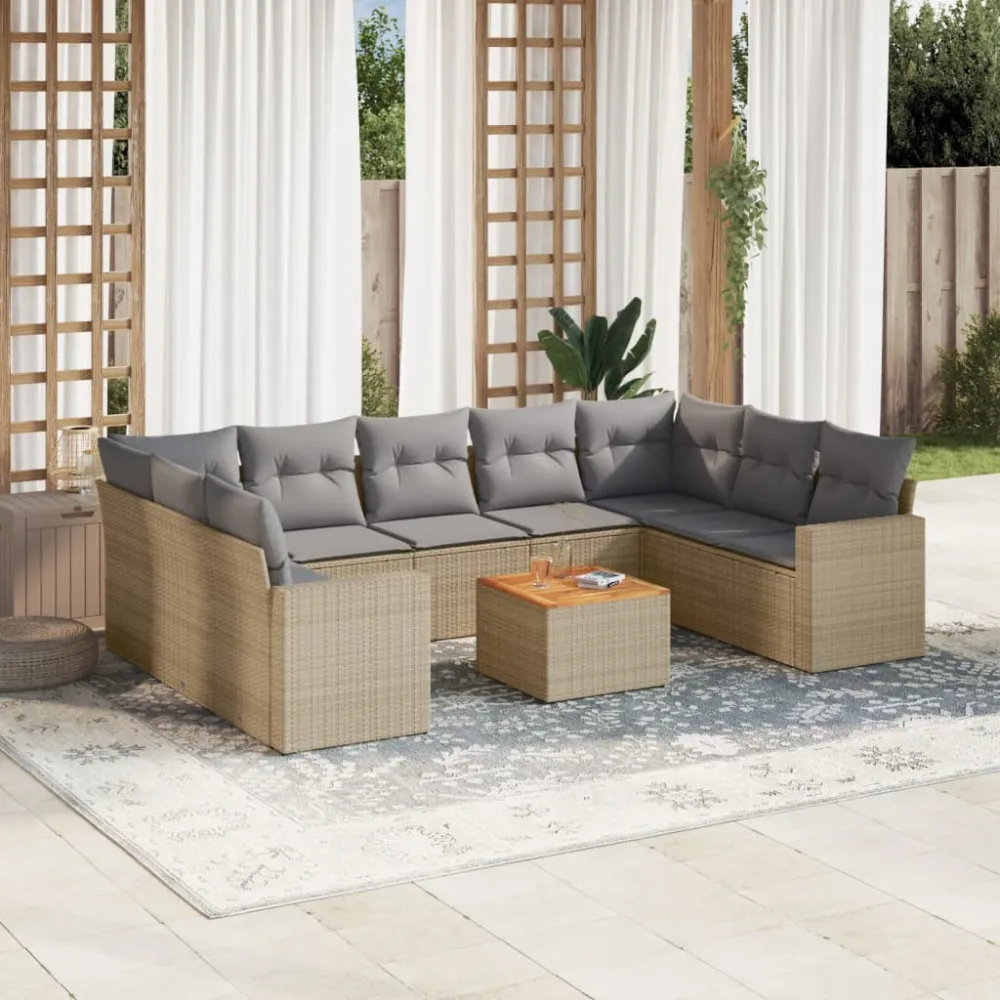 10-delige Loungeset met kussens poly rattan beige vidaXL