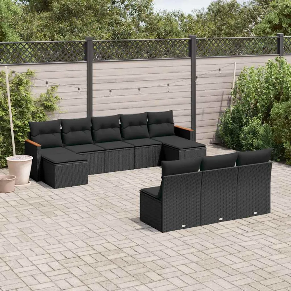 10-delige Loungeset met kussens poly rattan zwart vidaXL