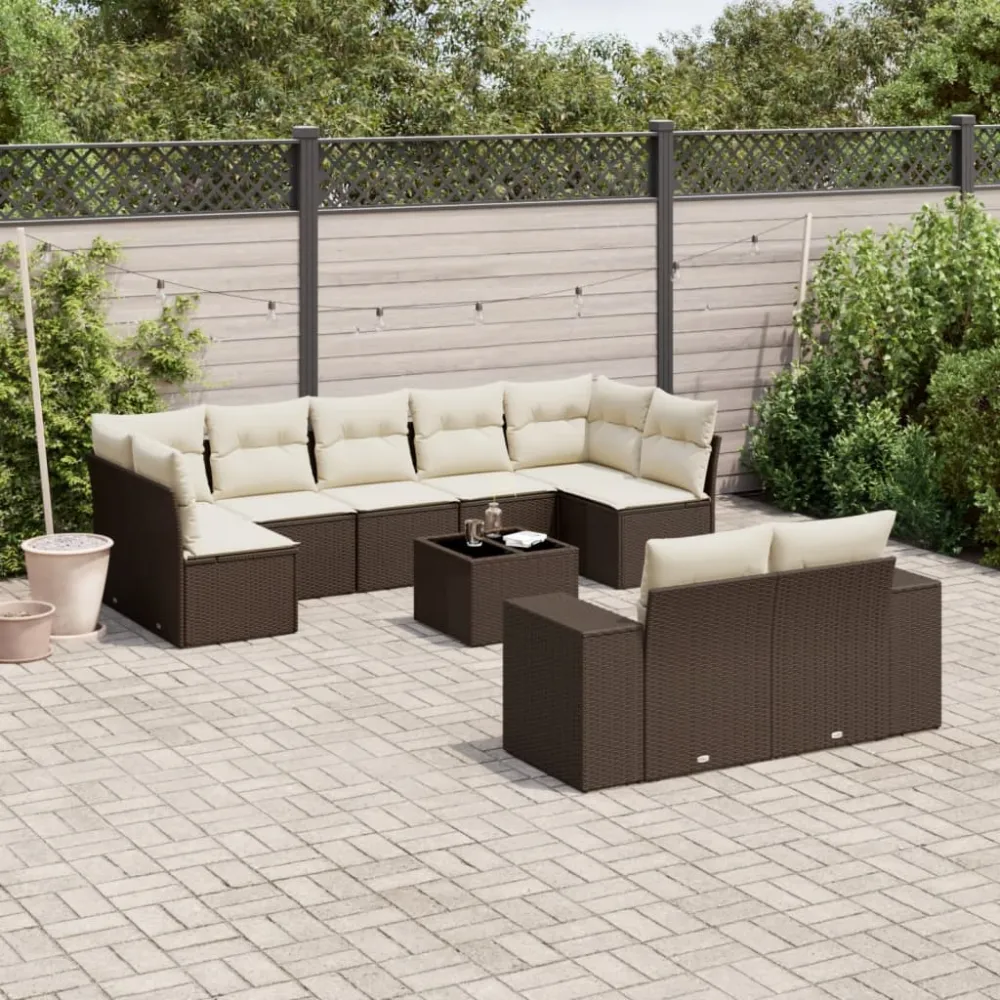 10-delige Loungeset met kussens poly rattan bruin vidaXL