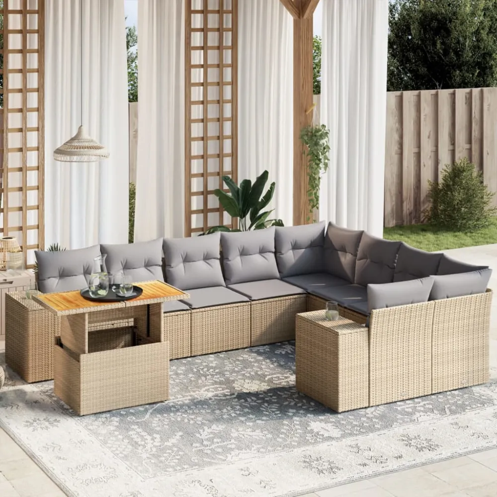 10-delige Loungeset met kussens poly rattan beige vidaXL