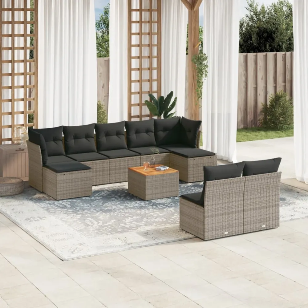 10-delige Loungeset met kussens poly rattan grijs vidaXL