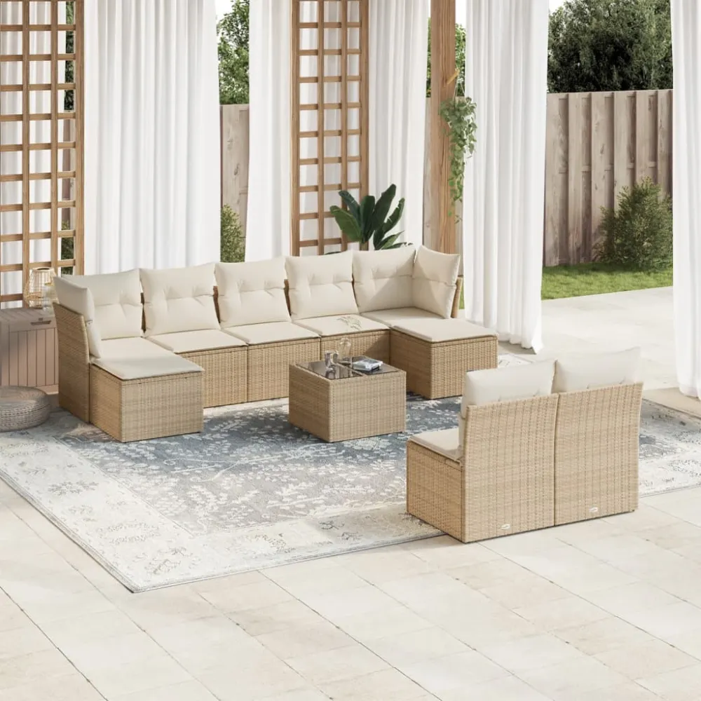 10-delige Loungeset met kussens poly rattan beige vidaXL