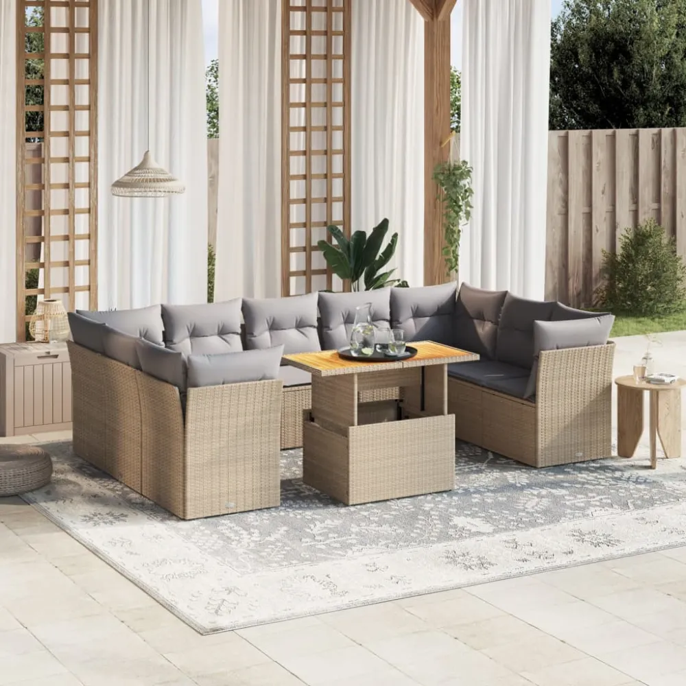 10-delige Loungeset met kussens poly rattan beige vidaXL