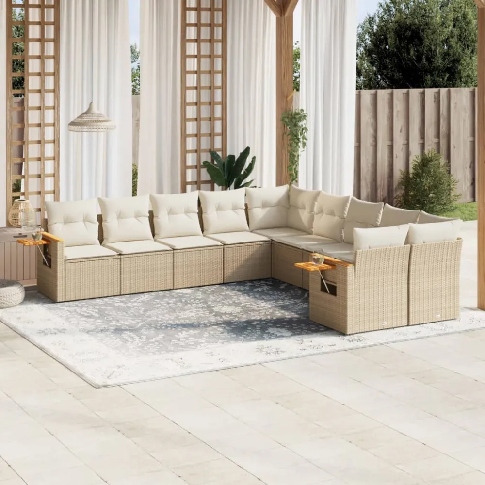 10-delige Loungeset met kussens poly rattan beige vidaXL