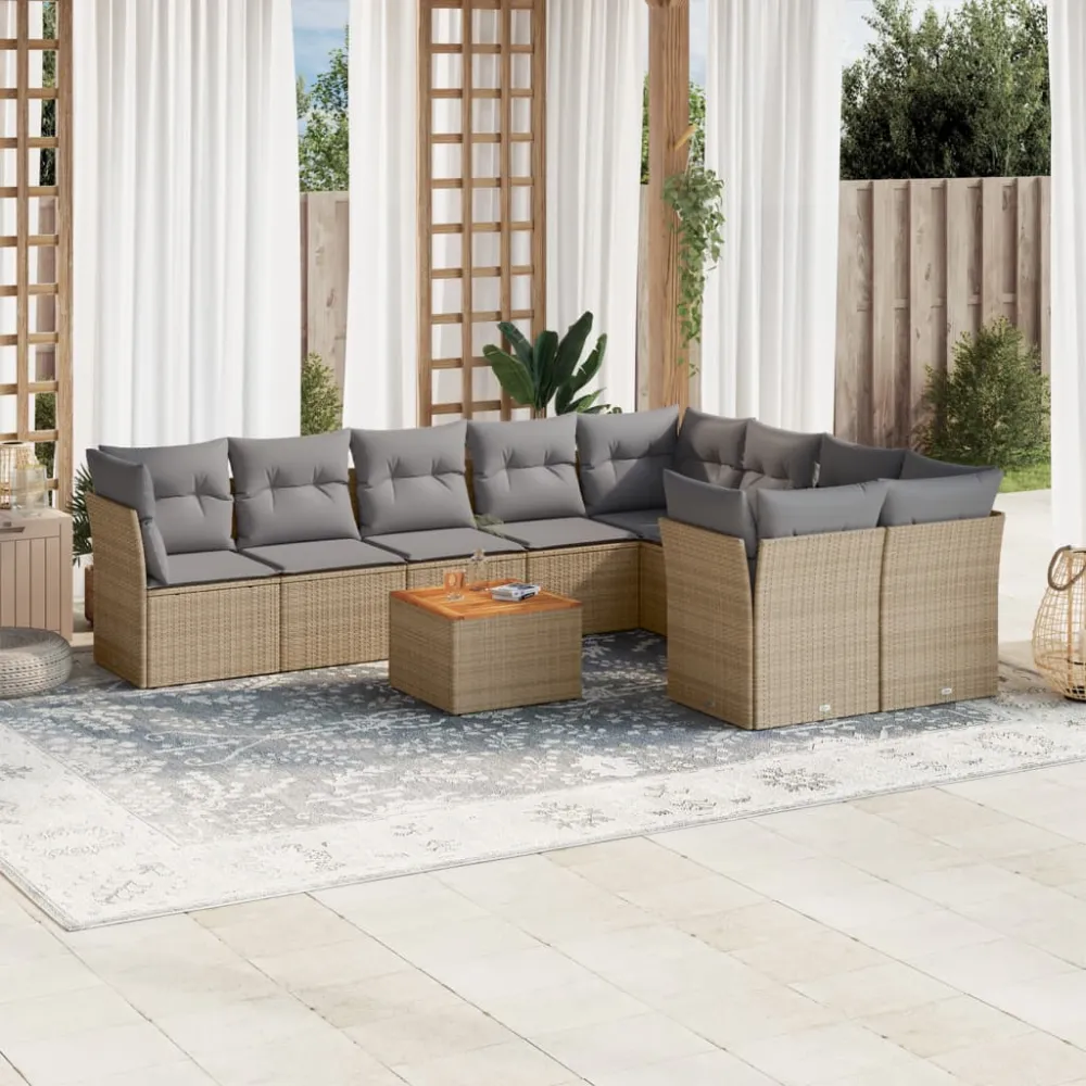 10-delige Loungeset met kussens poly rattan beige vidaXL