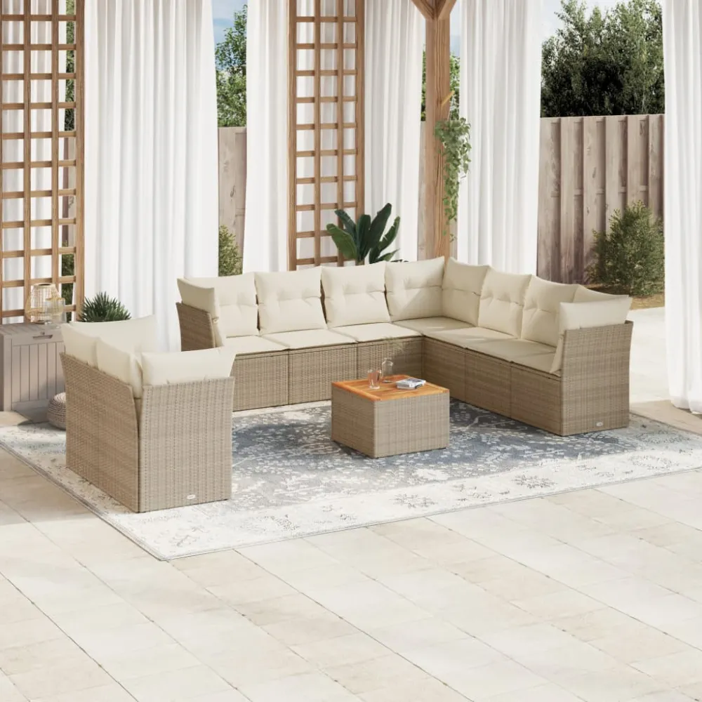 10-delige Loungeset met kussens poly rattan beige vidaXL