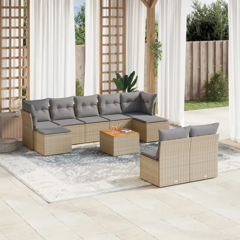10-delige Loungeset met kussens poly rattan beige vidaXL