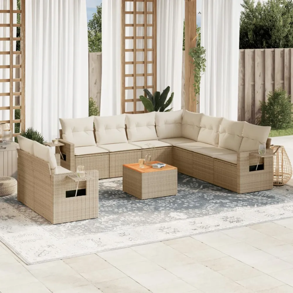 10-delige Loungeset met kussens poly rattan beige vidaXL