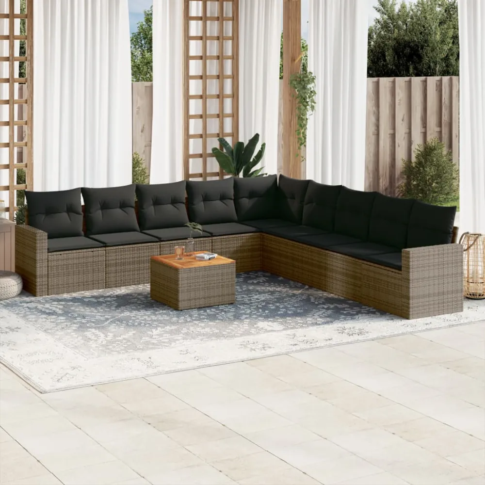 10-delige Loungeset met kussens poly rattan grijs vidaXL