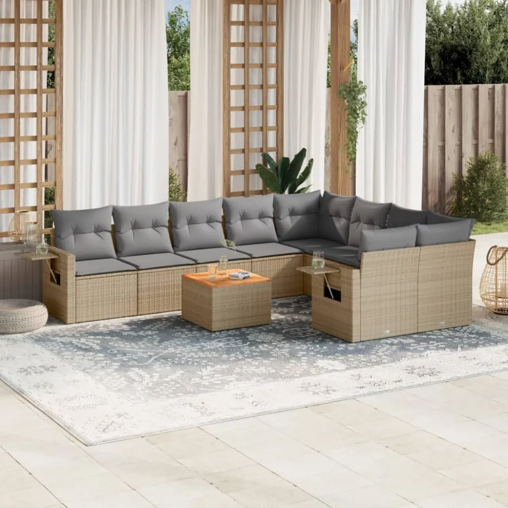 10-delige Loungeset met kussens poly rattan beige vidaXL