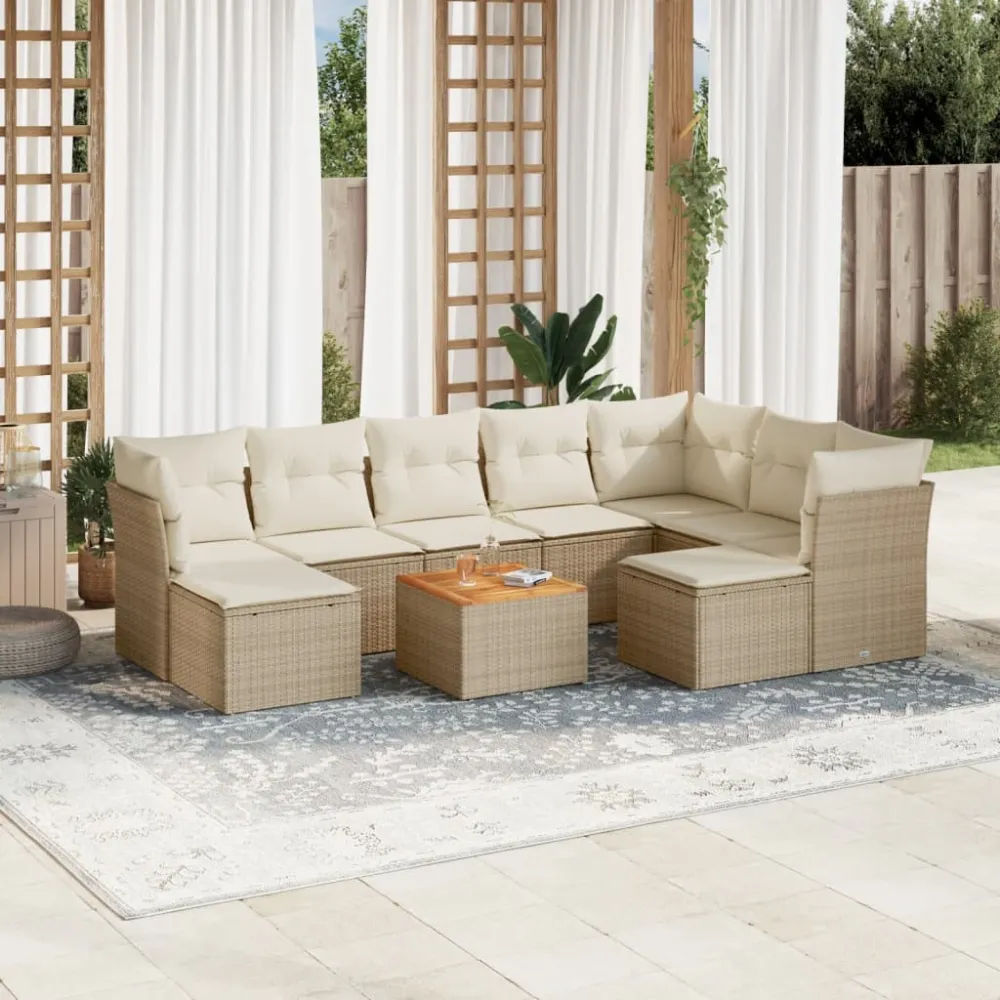10-delige Loungeset met kussens poly rattan beige vidaXL
