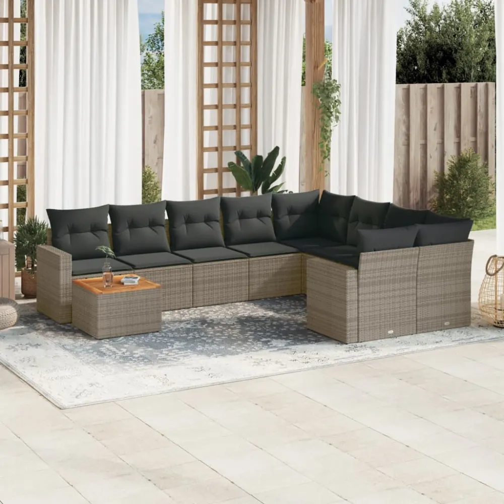 10-delige Loungeset met kussens poly rattan grijs vidaXL