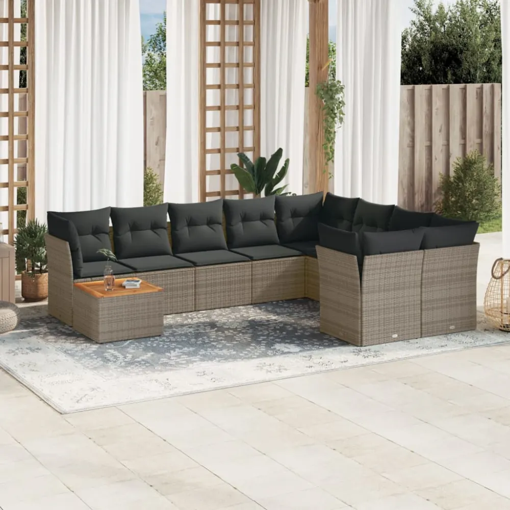 10-delige Loungeset met kussens poly rattan grijs vidaXL