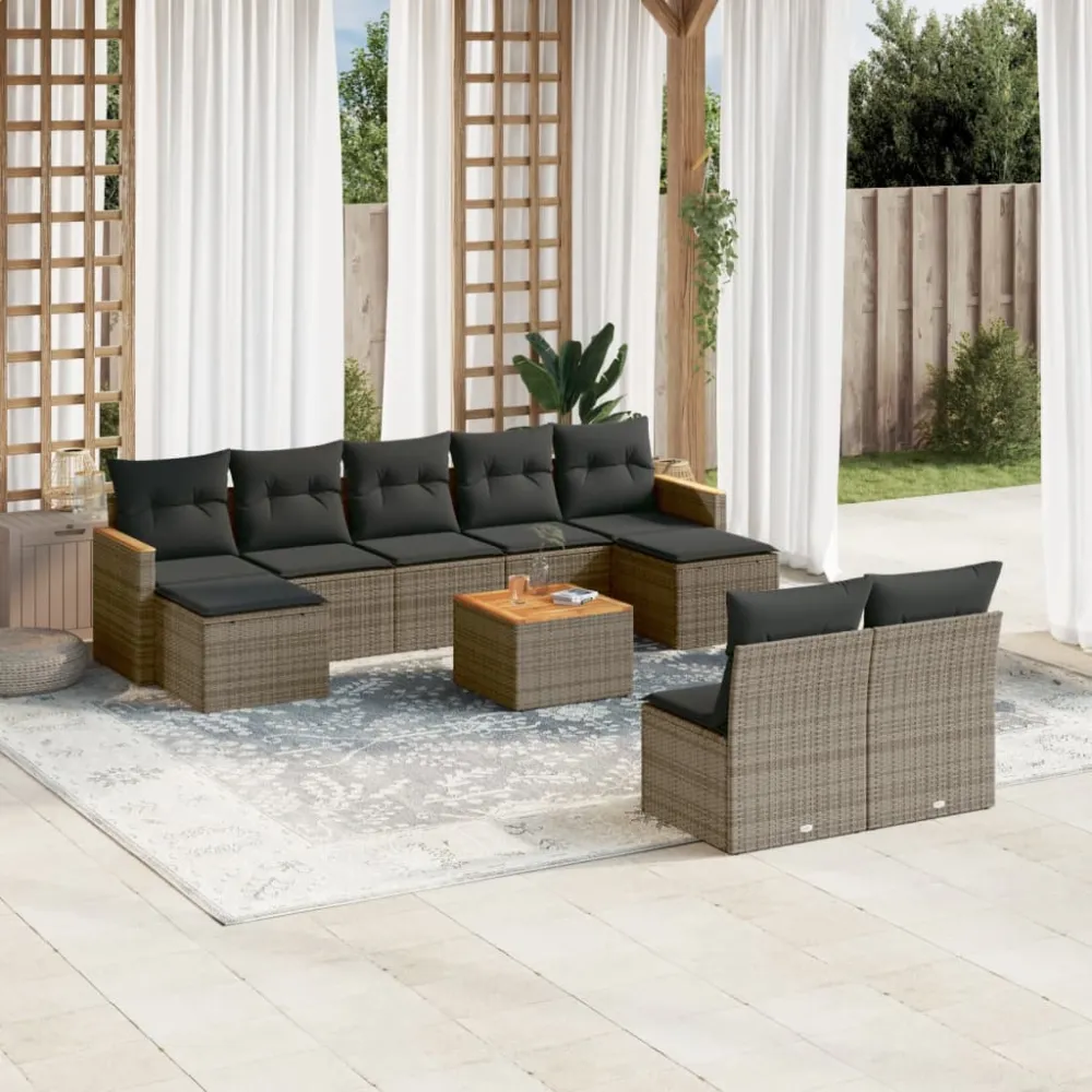 10-delige Loungeset met kussens poly rattan grijs vidaXL