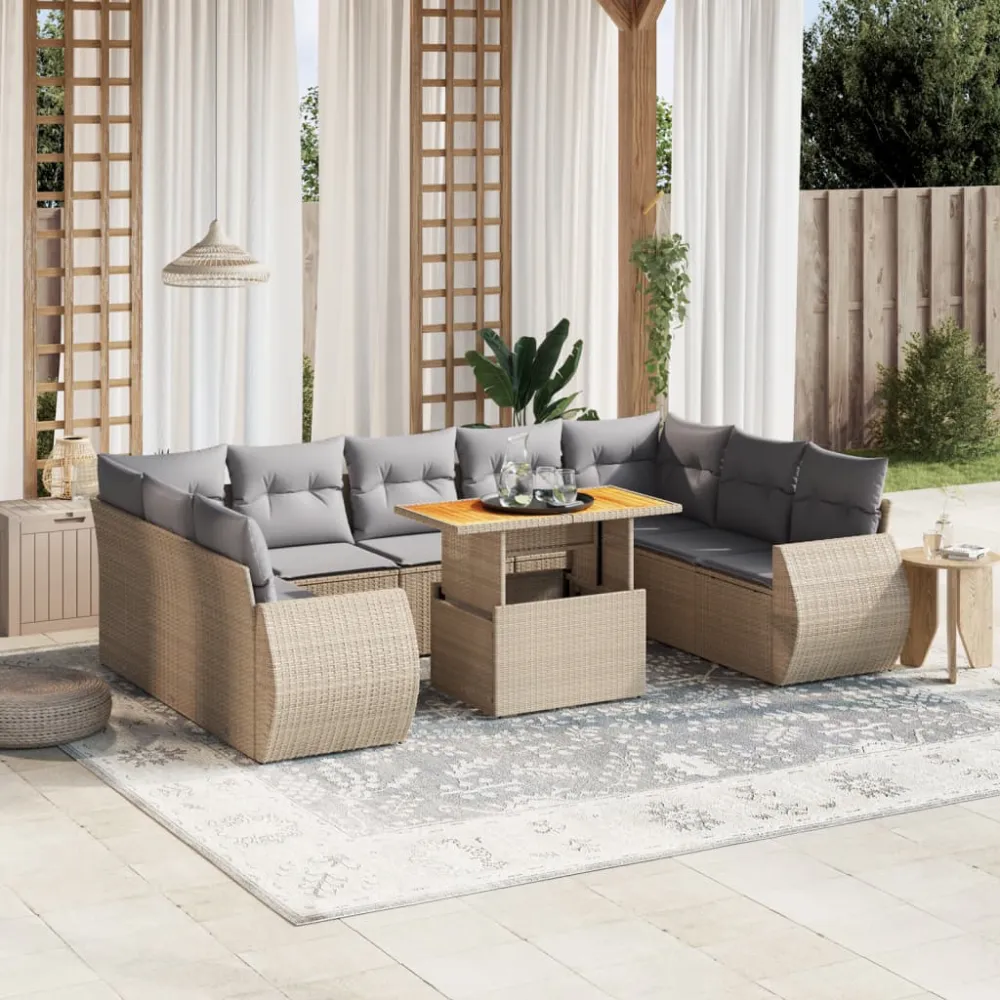 10-delige Loungeset met kussens poly rattan beige vidaXL