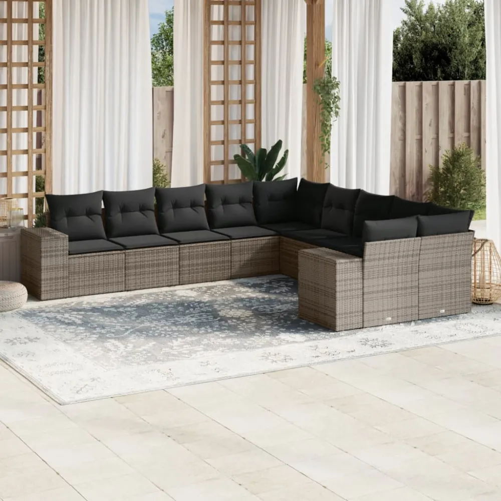 10-delige Loungeset met kussens poly rattan grijs vidaXL