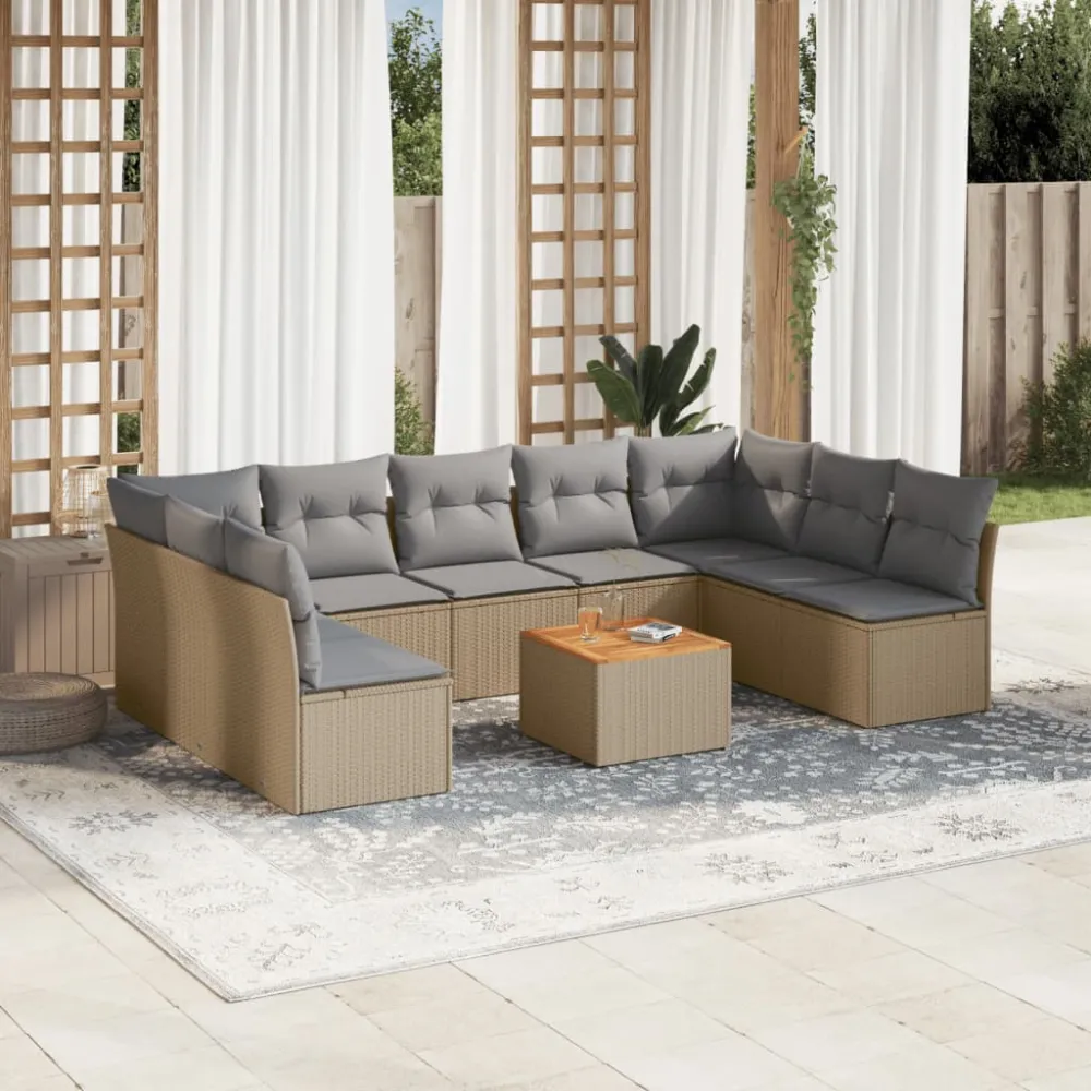 10-delige Loungeset met kussens poly rattan beige vidaXL