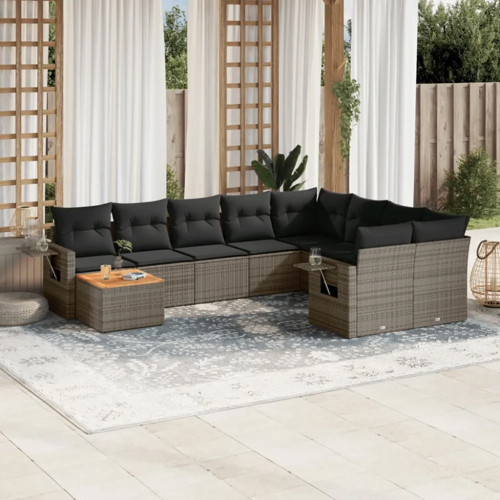 10-delige Loungeset met kussens poly rattan grijs vidaXL