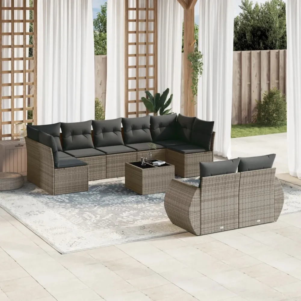 10-delige Loungeset met kussens poly rattan grijs vidaXL