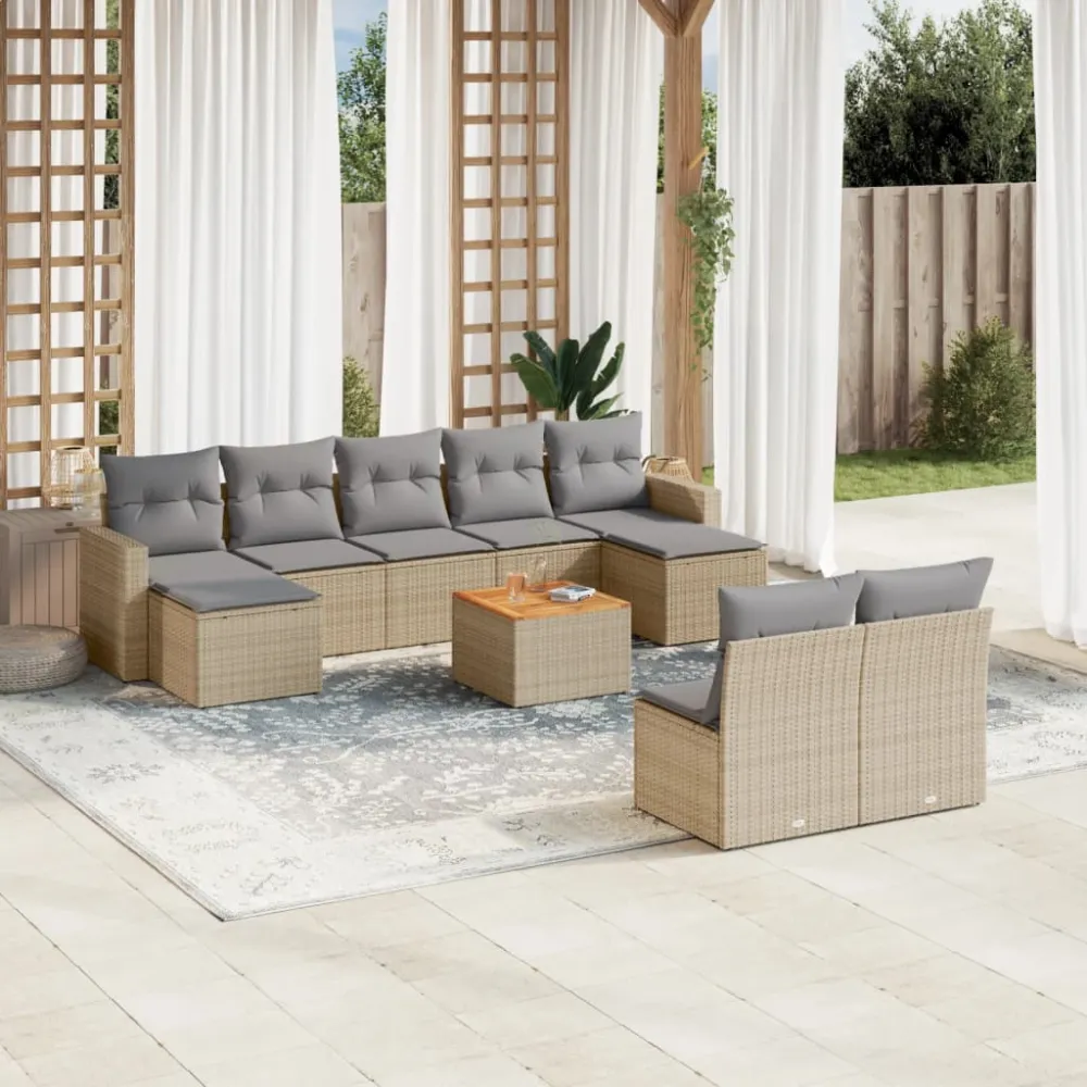 10-delige Loungeset met kussens poly rattan beige vidaXL