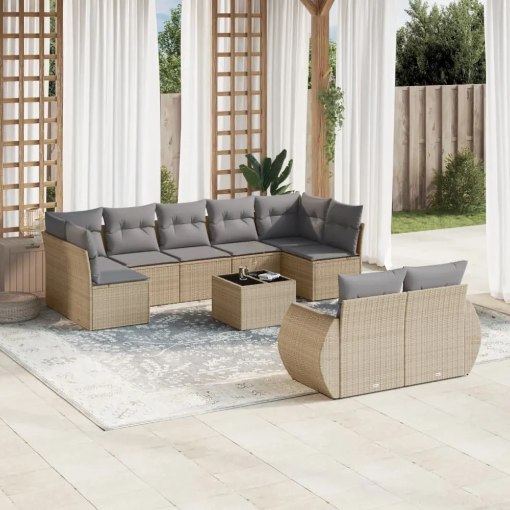 10-delige Loungeset met kussens poly rattan beige vidaXL