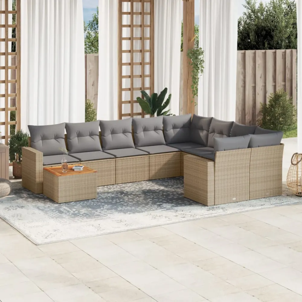10-delige Loungeset met kussens poly rattan beige vidaXL