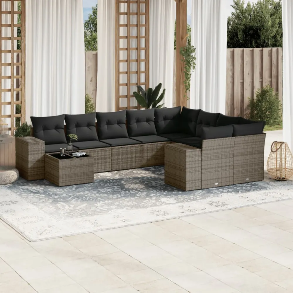 10-delige Loungeset met kussens poly rattan grijs vidaXL