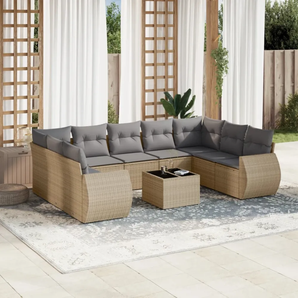 10-delige Loungeset met kussens poly rattan beige vidaXL