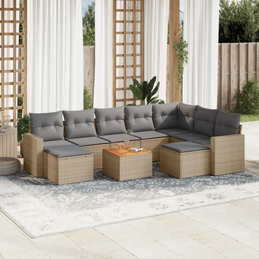 10-delige Loungeset met kussens poly rattan beige vidaXL