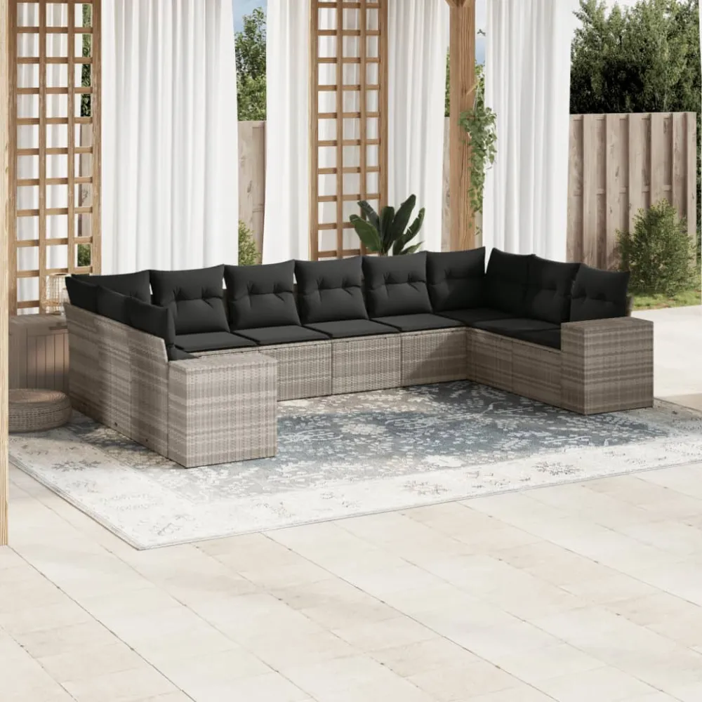 10-delige Loungeset met kussens poly rattan lichtgrijs vidaXL