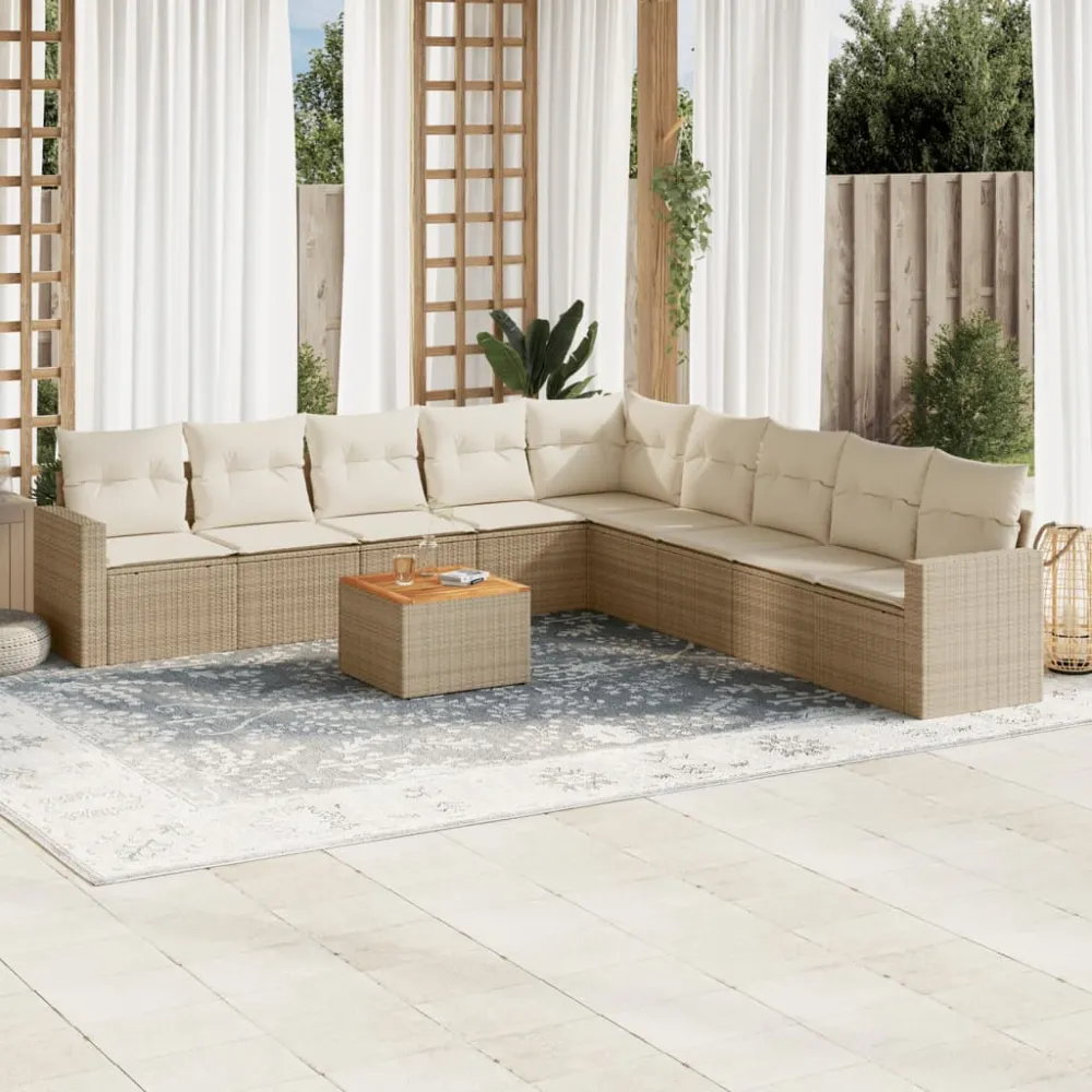 10-delige Loungeset met kussens poly rattan beige vidaXL