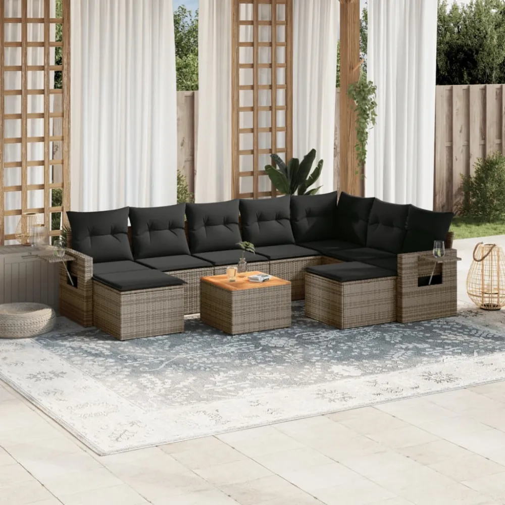 10-delige Loungeset met kussens poly rattan grijs vidaXL