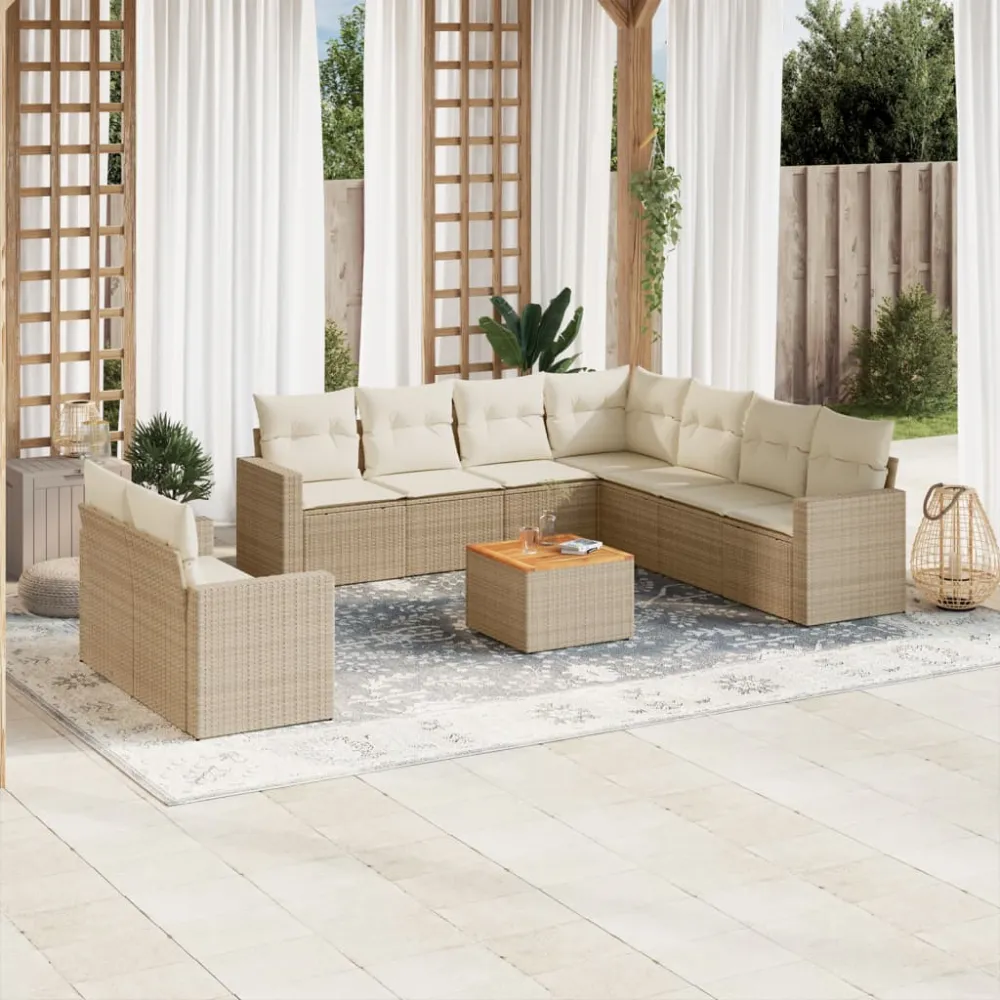 10-delige Loungeset met kussens poly rattan beige vidaXL