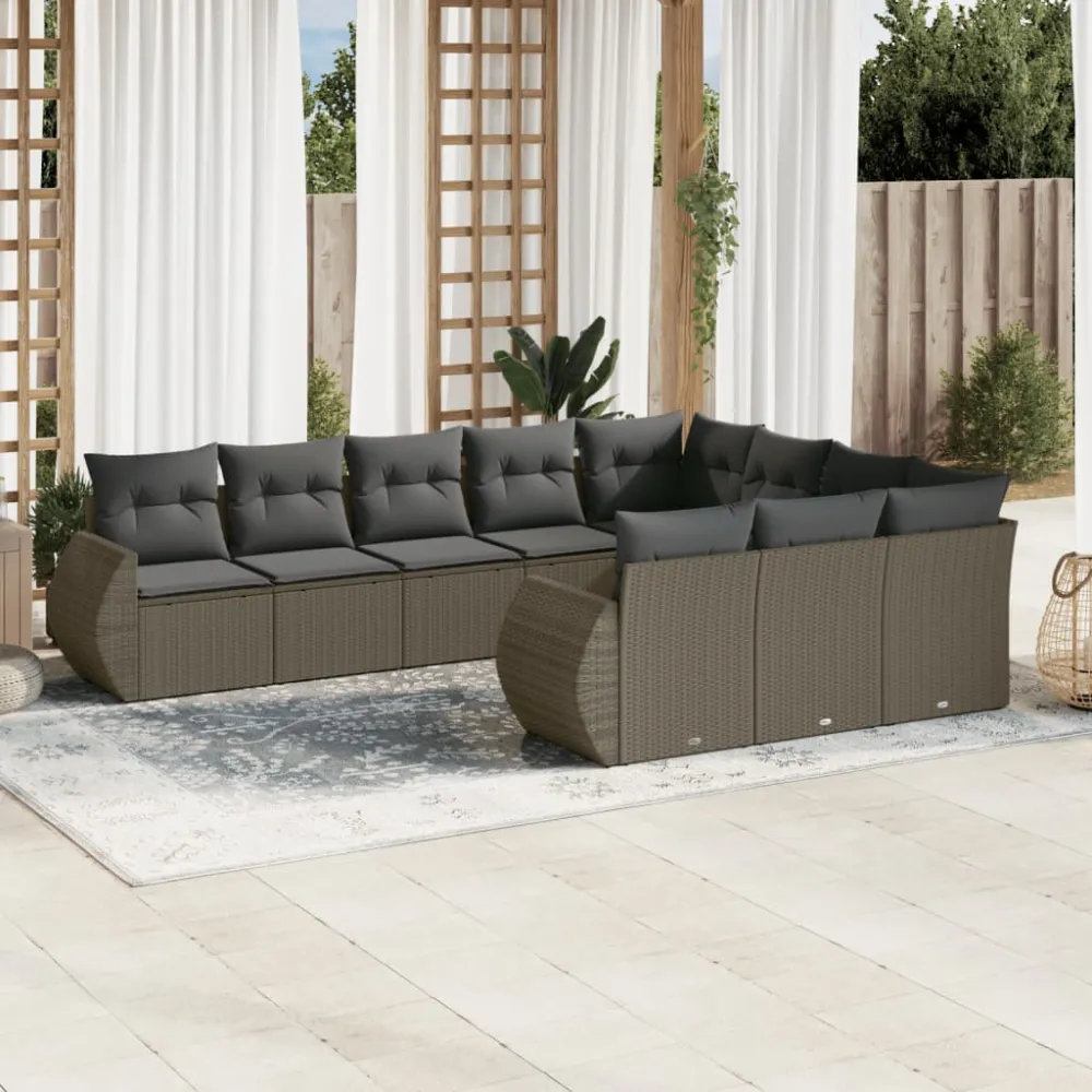 10-delige Loungeset met kussens poly rattan lichtgrijs vidaXL
