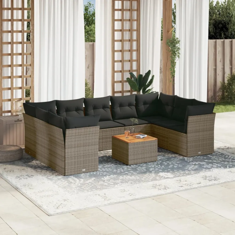 10-delige Loungeset met kussens poly rattan grijs vidaXL