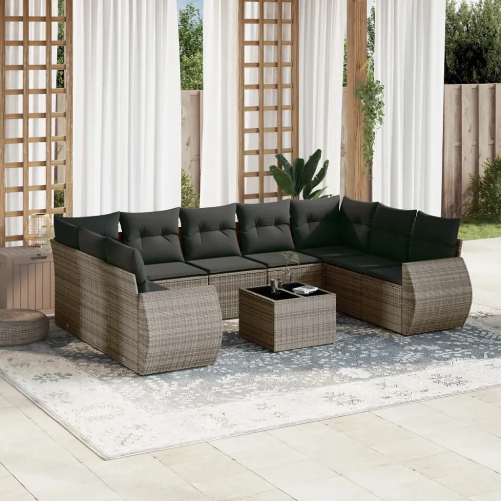 10-delige Loungeset met kussens poly rattan grijs vidaXL