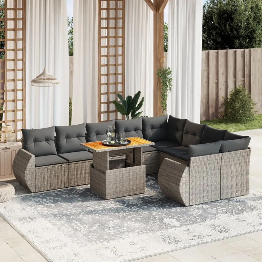 10-delige Loungeset met kussens poly rattan grijs vidaXL
