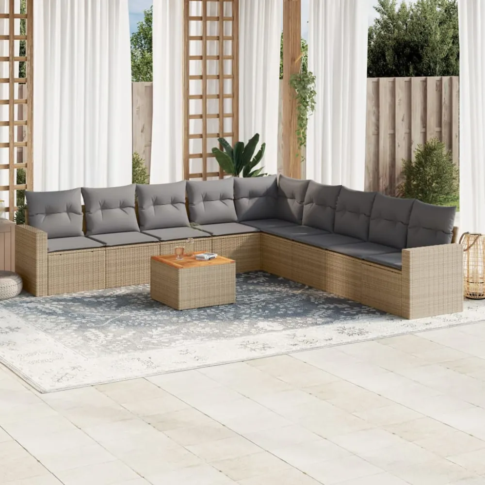 10-delige Loungeset met kussens poly rattan beige vidaXL