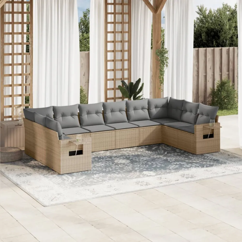 10-delige Loungeset met kussens poly rattan beige vidaXL