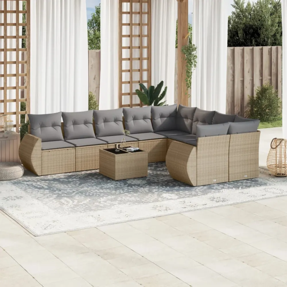 10-delige Loungeset met kussens poly rattan beige vidaXL