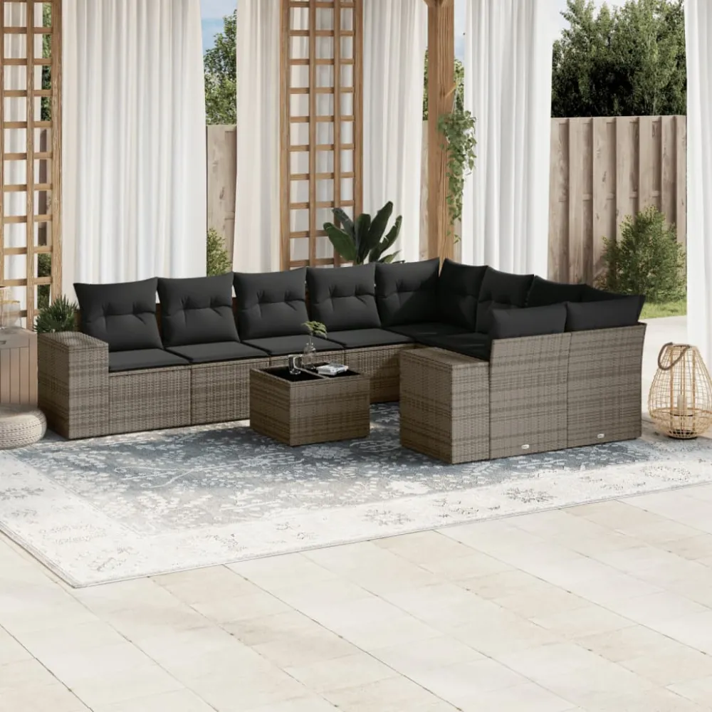 10-delige Loungeset met kussens poly rattan grijs vidaXL