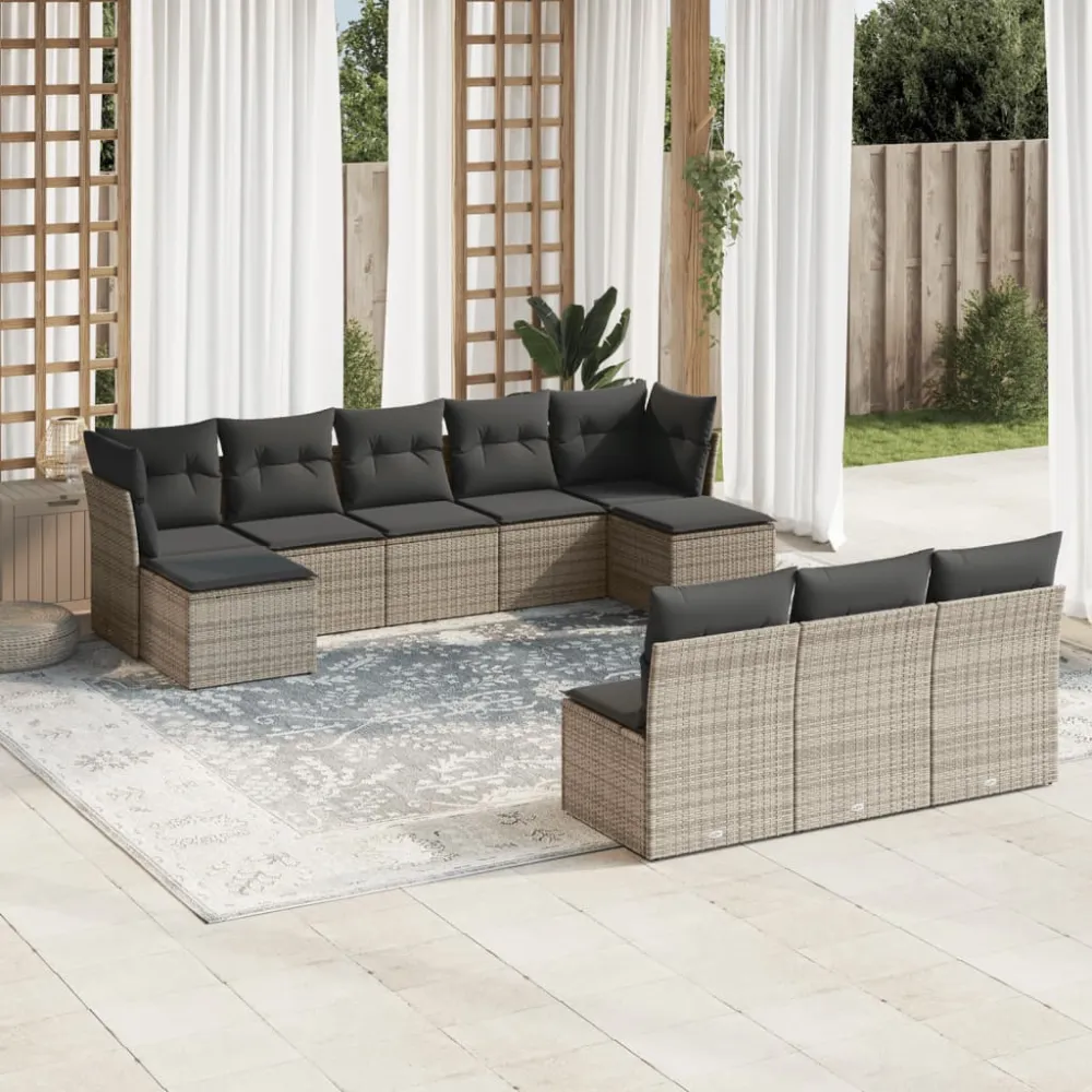10-delige Loungeset met kussens poly rattan grijs vidaXL