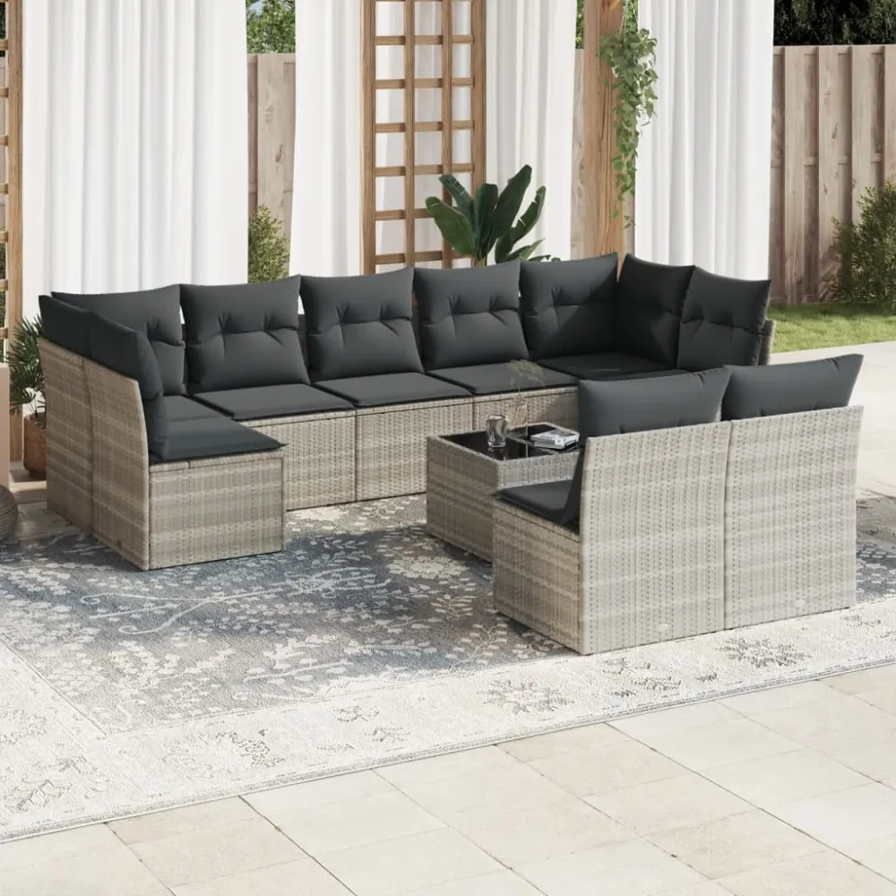 10-delige Loungeset met kussens poly rattan lichtgrijs vidaXL
